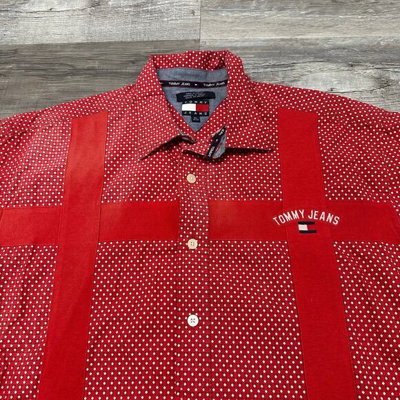 Vintage Y2K 2002 Tommy Jeans Red Mens XL Polka Dots Short Sleeve Button Up Shirt - Picture 1 of 12
